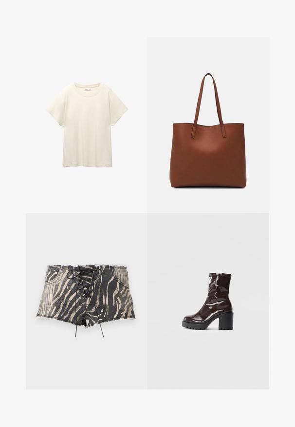 Helles beige T-Shirt mit kurzen Ärmeln und Rundhalsausschnitt, aus weichem, glattem Stoff gefertigt. Verfügt über eine lockere Passform und einen geraden Saum.; Denimshorts mit einem schwarz-beigen Zebra-Print, mit einer Schnürung vorne, fransigem Saum und Taschen auf jeder Seite.; Glatte bordeauxrote Ankle Boots mit einem klobigen schwarzen Absatz, die eine glatte Oberfläche und ein einfaches Design aufweisen. Keine sichtbaren Verschlüsse oder Muster.; Braune Leder-Tote mit glatter Textur, offenem Oberteil und zwei Schulterriemen. Verfügt über minimale Nähte und keine sichtbaren Beschläge.