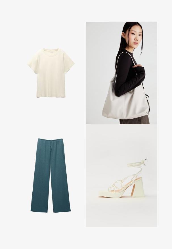Jasno beżowa, krótko rękawowa koszulka z okrągłym dekoltem, wykonana z miękkiego, gładkiego materiału. Posiada luźny krój i prosty dół.; Szersze spodnie w kolorze lazurowym, wykonane z teksturowanej dzianiny, z elastycznym pasem w talii i sznurkiem do regulacji.; Biała sandał na wysokim obcasie z masywnym słupkiem, z paskowym wzorem i wiązaniem przy kostce. Gładka faktura z platformą z przodu dla dodatkowej wysokości.; Beżowa torebka wykonana z miękkiego materiału, charakteryzująca się luźnym fasonem, wyszywanymi detalami i dwoma uchwytami na ramię. Idealna na co dzień.