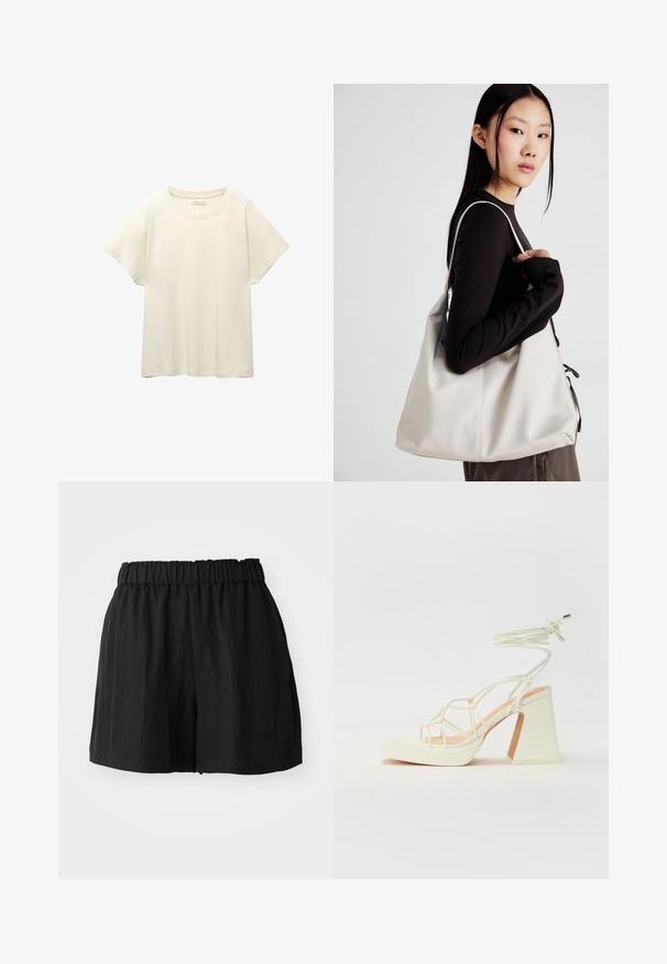 Világos bézs, rövid ujjú póló, kerek nyakkivágással, puha, sima anyagból készült. Lazán illeszkedő szabással és egyenes szegéllyel rendelkezik.; Fekete rövidnadrág rugalmas derékkal, laza szabással, sima textúrával és térd hosszúságú kivágással. Nincs látható minta vagy fém alkatrész.; Fehér, magassarkú szandál vastag sarokkal, pántos dizájnnal és bokapánttal. Sima textúra, elülső platformmal a megnövelt magasság érdekében.; Puha anyagból készült bézs kézitáska, laza dizájnnal, varrott részletekkel és két vállpánttal. Mindennapi használatra alkalmas.