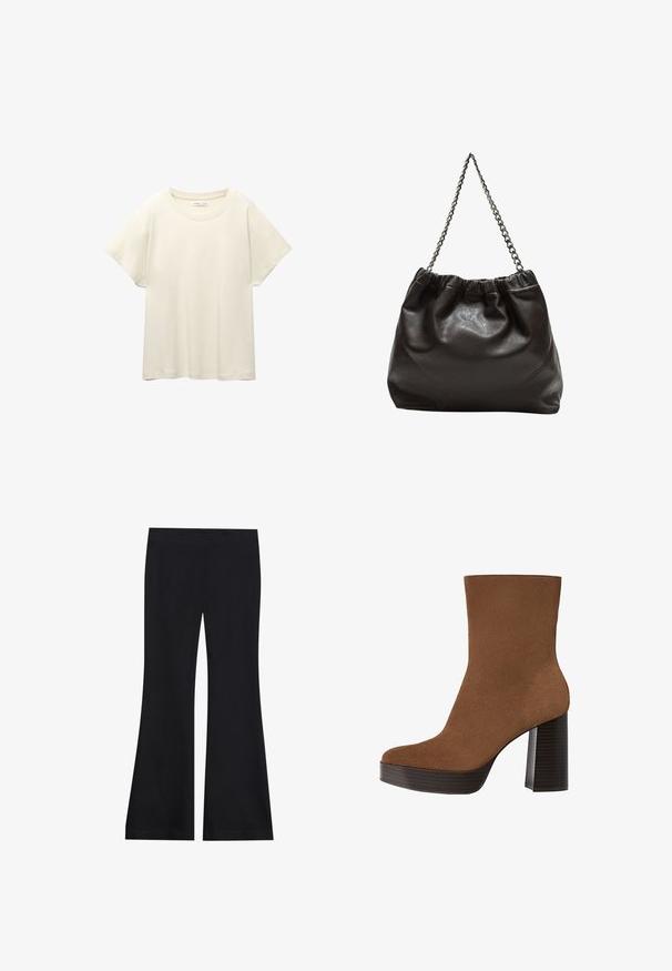 Vaaleanbeige lyhythihainen t-paita, jossa on pyöreä kaula-aukko, valmistettu pehmeästä ja sileästä kankaasta. Ominaisuuksina rento mitta ja suora helma.; Mustat leveät housut, jotka on valmistettu pehmeästä ja joustavasta kankaasta; sisältää sileän vyötärönauhan ja leveän lahje-suunnittelun; saumatonta viimeistelyä kauttaaltaan.; Ruskea nahkasaapas nilkkapituudelta, jossa on pyöreä kärki, paksu mustasuuntainen korko ja sileä pinta. Omistaa istuvan muotoilun ilman näkyvää kiinnitystä.; Ruskea nahkainen laukku, jossa on kerätty yläosa ja ketjuhihna. Tasainen pinta, jossa kiiltävä viimeistely ja hienovaraiset sauman yksityiskohdat sivuilla.