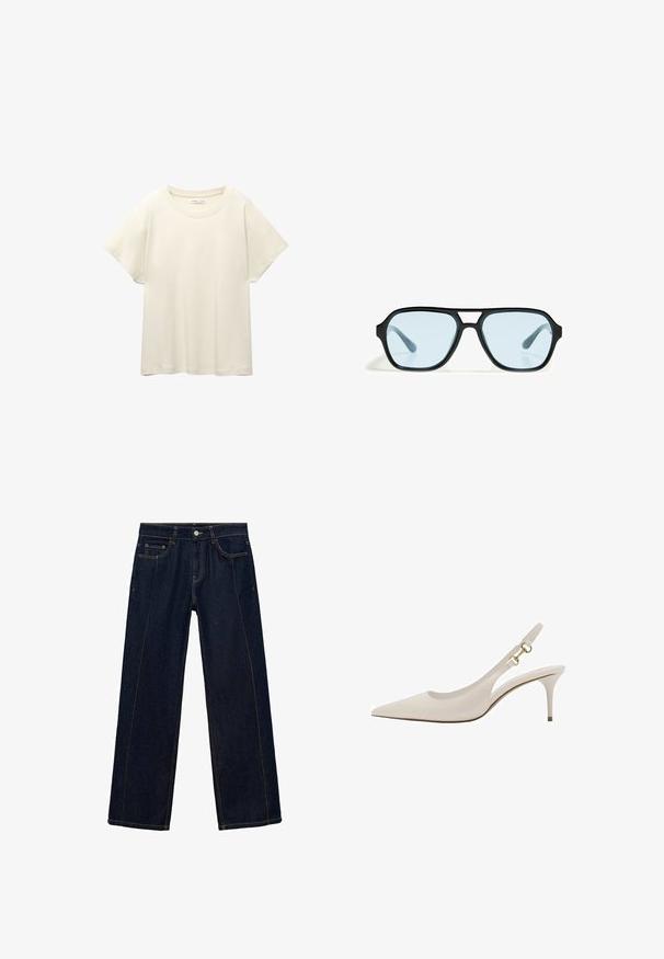 Svijetlo bež majica kratkih rukava s okruglim izrezom, izrađena od meke, glatke tkanine. Karakterizira je opušteni kroj i ravni rub.; Tamna plava traper široka traperica s narančastim šavovima, pet džepova, zatvaranje na gumb i patentni zatvarač te ravnog kroja. Bez ukrasa ili uzoraka.; Bež kožne cipele s remenom, s uskim vrhom i tankim potplatom, ukrašene zlatnim dodacima na remenu. Glatka tekstura kroz cijelu cipelu.; Crne sunčane naočale s pravokutnim okvirima, plavim staklima i posebnim dizajnom nosača. Elegantna površina, suptilna tekstura.; Svijetlosivi kožni torba s oblikom u slovo U i zakrivljenim metalnim drškom. Glatka tekstura s minimalnim šavovima i bez vidljivih uzoraka.