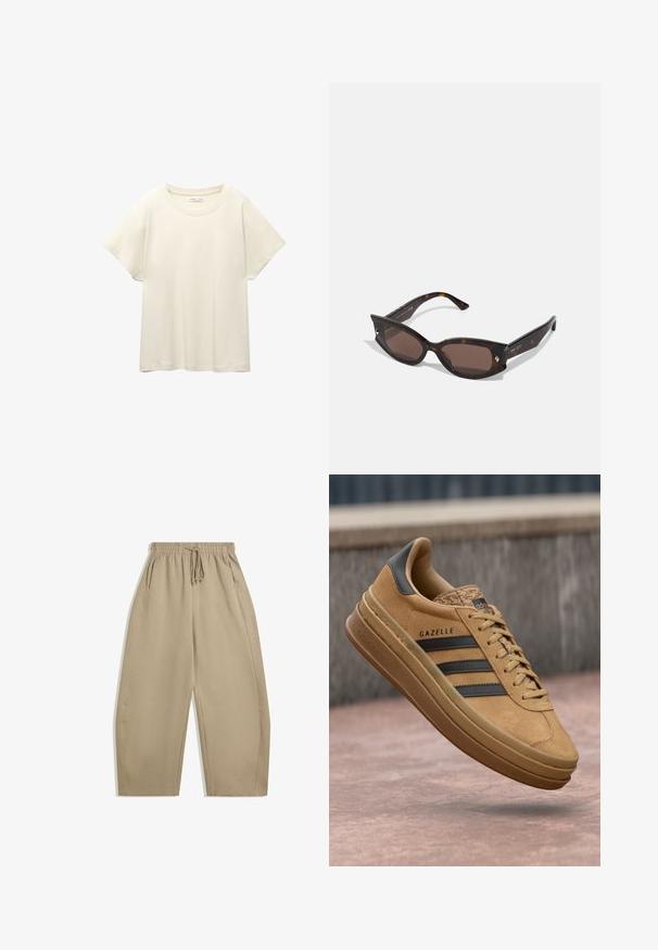 Helles beige T-Shirt mit kurzen Ärmeln und Rundhalsausschnitt, aus weichem, glattem Stoff gefertigt. Verfügt über eine lockere Passform und einen geraden Saum.; Beige, weit geschnittene Hose aus weichem Stoff mit elastischem Bund und Kordelzug sowie seitlichen Taschen. Glatte Textur, schlichtes Design.; Beige Wildledersneaker mit glatter Oberfläche, drei dunklen Streifen, abgerundetem Zehenbereich und einer dickeren Sohle mit strukturiertem Rand.; Schildpatt-Sonnenbrille im Cat-Eye-Design, braune Gläser, goldene Akzente am Rahmen und strukturierte Bügel mit kleinen dekorativen Nieten.