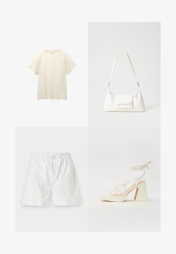 Tricou scurt de culoare bej deschis, cu mâneci scurte și decolteu rotund, realizat dintr-un material moale și neted. Are o croială lejeră și un tiv drept.; Pantaloni scurți bărbătești dintr-un material ușor, cu dungi verticale în nuanțe de albastru deschis și alb, având talie elastică și șnur.; Sandale albe cu toc înalt și gros, cu un design cu curele și legătură la gleznă. Textură netedă, cu o platformă frontală pentru înălțime suplimentară.; Geantă sintetică albă, cu formă triangulară, capac frontal plat și detaliu cu fundă, curea ajustabilă, textură netedă și design minimalist.
