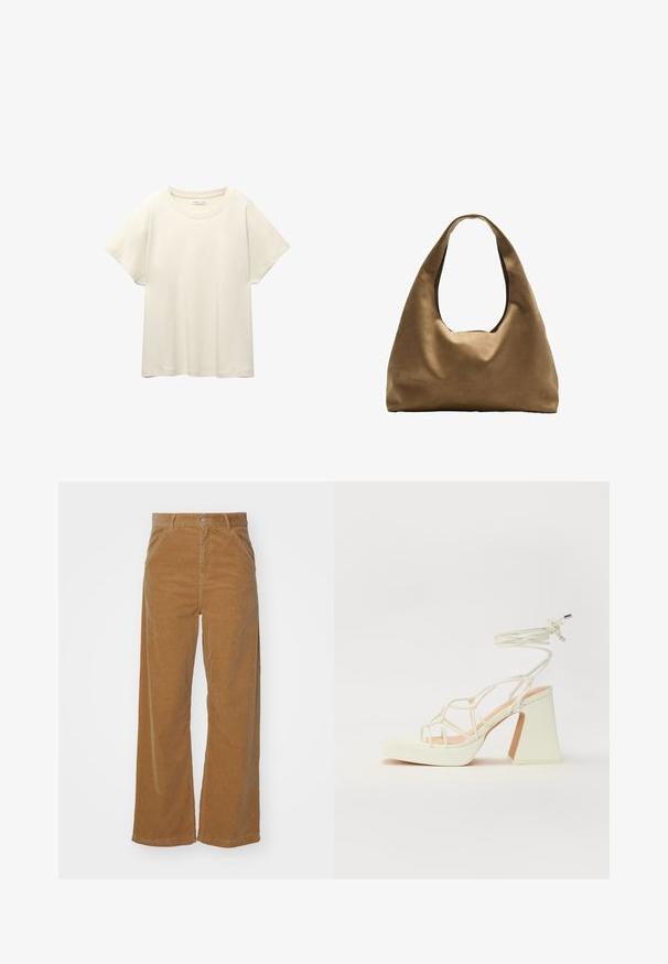 Maglietta a maniche corte beige chiaro con scollatura rotonda, realizzata in un tessuto morbido e liscio. Presenta una vestibilità comoda e un orlo dritto.; Pantaloni a gamba larga in corduroy marrone con una sottile texture a coste, dotati di chiusura anteriore con bottone e tasche sui lati.; Sandalo bianco con tacco alto, caratterizzato da un design a cinturini e un legaccio alla caviglia. Texture liscia con una piattaforma frontale per un'altezza aggiuntiva.; Borsa a spalla in tessuto marrone con un corpo ampio e arrotondato e una grande maniglia a taglio. Texture morbida, design minimalista e senza hardware visibile.