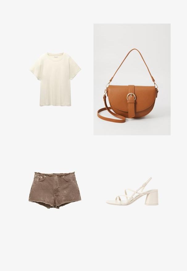 Vaaleanbeige lyhythihainen t-paita, jossa on pyöreä kaula-aukko, valmistettu pehmeästä ja sileästä kankaasta. Ominaisuuksina rento mitta ja suora helma.; Ruskeakankaiset farkkushortsit, joissa on risat reunat, viisi taskua ja metalliset napit. Materiaali näyttää hieman kuluneelta ja siinä on teksturoitu pinta.; Beige sandaalit korkokengät, joissa on kapeat, ristiin menevät hihnat, avoin varvas ja neliömäinen tukikorko. Liukas lakattu pinta, säädettävä nilkkahihna.; Ruskean nahkainen olkalaukku, jossa on kaareva muoto, kultaiset yksityiskohdat ja solkiyksityiskohta. Varustettu irrotettavalla olkahihnalla.