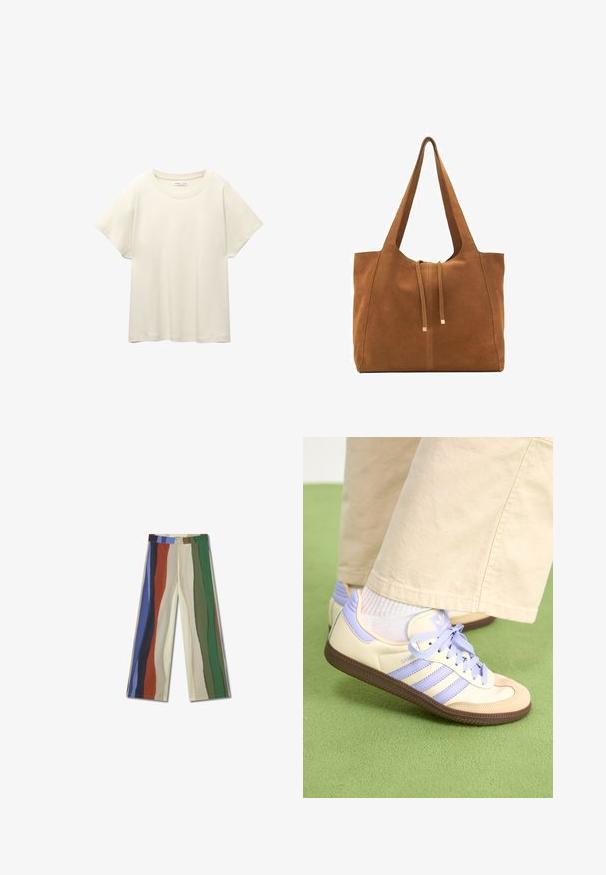 Svijetlo bež majica kratkih rukava s okruglim izrezom, izrađena od meke, glatke tkanine. Karakterizira je opušteni kroj i ravni rub.; Hlače širokih nogavica od mješavine pamuka s višebojnim vertikalnim prugama u plavoj, zelenoj, crvenoj i krem boji. Imaju zatvaranje na gumb i nemaju džepove.; Kremasto-ljubičaste tenisice s tri pruge i strukturiranim smeškim potplatom, s vezicama i podstavljenim petom. Mekana gornja tkanina.; Smeđa antilop torba za ruke s dva duga remena, zatvaranje na vezicu i minimalistički dizajn. Glatka tekstura i bez vidljivih metalnih elemenata.