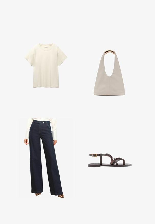 Svetlo bež kratkosleeven majica s okroglim ovratnikom, izdelana iz mehke, gladke tkanine. Ima sproščen kroj in raven rob.; Temno modri široki jeans hlače z visokim pasom in sprednjim zapiranjem na gumb. Imajo stranske žepe in čisto obrobo na robu.; Rjav usnjen sandal z načinom prečnega črta, zaklepom okoli gležnja in ravnim podplatom z minimalnimi šivi.; Svetlo siva usnjena torba z U-oblika zasnovo in ukrivljenim kovinskim ročajem. Gladka tekstura z minimalnim šivom in brez vidnih vzorcev.