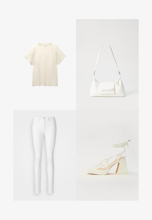 Tricou scurt de culoare bej deschis, cu mâneci scurte și decolteu rotund, realizat dintr-un material moale și neted. Are o croială lejeră și un tiv drept.; Blugi albi, skinny, realizați dintr-un material elastic din bumbac, cu buzunare frontale, fermoar și un singur nasture pentru închidere.; Sandale albe cu toc înalt și gros, cu un design cu curele și legătură la gleznă. Textură netedă, cu o platformă frontală pentru înălțime suplimentară.; Geantă sintetică albă, cu formă triangulară, capac frontal plat și detaliu cu fundă, curea ajustabilă, textură netedă și design minimalist.