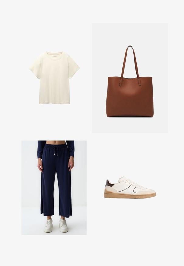 Lichtbeige t-shirt met korte mouwen en een ronde halslijn, gemaakt van zachte, gladde stof. Heeft een ontspannen pasvorm en een rechte zoom.; Navyblauwe wijde broek van een soepele, lichte stof met een elastische tailleband en trekkoord. Gepaard met witte sneakers.; Stradivarius Sneakers laag - white; Bruine leren tote bag met een gladde textuur, een ontwerp met een open bovenkant en twee schouderbanden. Kenmerkt zich door minimale stiksels en geen zichtbare hardware.