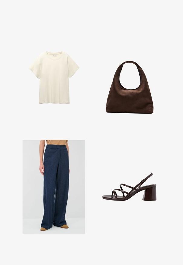 Jasno beżowa, krótko rękawowa koszulka z okrągłym dekoltem, wykonana z miękkiego, gładkiego materiału. Posiada luźny krój i prosty dół.; Szerokie spodnie wykonane z ciemnego denimu. Charakteryzują się wysokim stanem i prostymi liniami, zestawione z brązowymi butami wsuwanymi.; Brązowe sandały na wysokim obcasie z grubym obcasem, z gładkim, błyszczącym wykończeniem i wieloma krzyżującymi się paskami na cholewce.; Miękka, brązowa torebka w stylu hobo z jedną szeroką rączką i wyprofilowanym otwarciem, wyeksponowana na białym tle.
