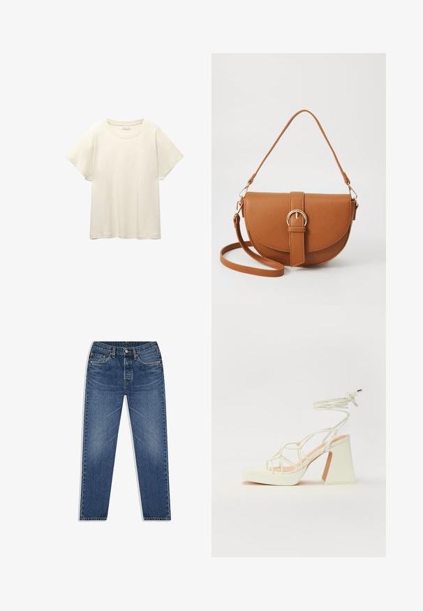 Vaaleanbeige lyhythihainen t-paita, jossa on pyöreä kaula-aukko, valmistettu pehmeästä ja sileästä kankaasta. Ominaisuuksina rento mitta ja suora helma.; Sininen farkut, joissa on suora lahje, napilla ja vetoketjulla sulkeminen, viisi taskua ja hieno haalistuminen pesussa.; Valkoinen korkokenkä, jossa on paksu korko, ja joka sisältää nauhakiinnityksen ja nilkkaketjun. Sujuva pinta, jossa on platform-etupohja lisäkorkeutta varten.; Ruskean nahkainen olkalaukku, jossa on kaareva muoto, kultaiset yksityiskohdat ja solkiyksityiskohta. Varustettu irrotettavalla olkahihnalla.