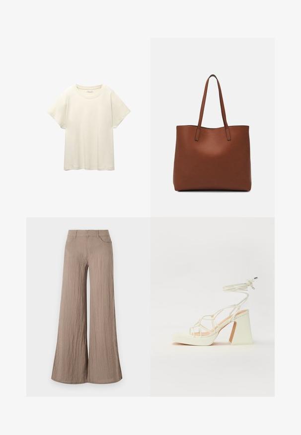 Svetle béžové tričko s krátkým rukávem a kulatým výstřihem, vyrobené z jemné, hladké tkaniny. Má uvolněný střih a rovný lem.; Světle hnědé široké kalhoty s texturovaným povrchem, s vysokým pasem, předními kapsami a volnou, splývavou siluetou.; Bílé sandály na vysokém podpatku s robustním podpatkem, s designem s pásky a zavazováním kolem kotníku. Hladký povrch s platformou vpředu pro zvýšení výšky.; Hnědá kožená taška přes rameno s hladkou texturou, otevřeným designem a dvěma ramenními popruhy. Obsahuje minimální švy a žádné viditelné kovové prvky.