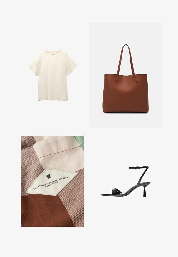 Svijetlo bež majica kratkih rukava s okruglim izrezom, izrađena od meke, glatke tkanine. Karakterizira je opušteni kroj i ravni rub.; Thinking Mu MANOLITA - Hlače - burgundy; Bershka Sandale s visokom petom - black; Smeđa kožna torba preko ramena s glatkom teksturom, otvorenim vrhom i dvjema naramenicama. Ima minimalne šavove i nema vidljivog hardvera.