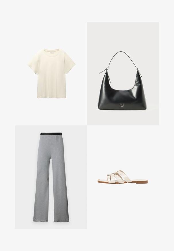 Helles beige T-Shirt mit kurzen Ärmeln und Rundhalsausschnitt, aus weichem, glattem Stoff gefertigt. Verfügt über eine lockere Passform und einen geraden Saum.; Schwarz-weiße gestreifte Schlaghosen mit einem glatten elastischen Bund. Leichter Stoff mit durchgehendem horizontalem Muster.; Flache Sandalen mit einer honigfarbenen Gummisohle, gestaltet mit drei überlappenden weißen Lederriemen und einem kleinen Schleifendetail in der Mitte.; Schwarze, glatte Leder Schultertasche mit abgerundetem Deckel, einem einzigen Trageriemen, Reißverschlussverschluss und kleinem silbernen Logo-Emblem in der Mitte vorne.