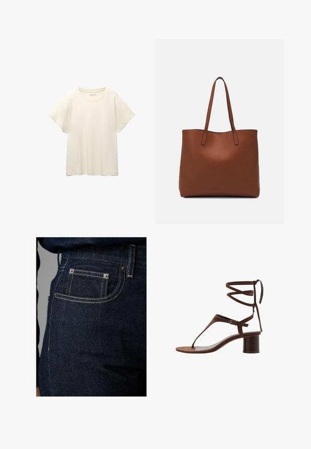 Svetlo bež kratkosleeven majica s okroglim ovratnikom, izdelana iz mehke, gladke tkanine. Ima sproščen kroj in raven rob.; Temne kavbojke z klasičnim oblikovanjem petih žepov, kontrastnim šivanjem in kovinskimi zakovicami. Tekstura se zdi gladka z rahlim sijajem.; Rjava semiš sandala na visoki peti s triangularnim pasom za prste, vezanjem okrog gležnja in teksturiranim blok petom za stabilnost.; Rjava usnjena torba z gladko teksturo, odprto zasnovo zgoraj in dvema naramnima trakovoma. Opremljena je z minimalnim šivanjem in brez vidnih kovinskih delov.