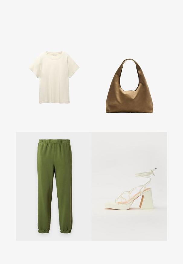 Svetlo bež kratkosleeven majica s okroglim ovratnikom, izdelana iz mehke, gladke tkanine. Ima sproščen kroj in raven rob.; Zelene trenirke iz mehkega blaga. Elastičen pas in manšete. Ravna kroja brez vzorcev ali vidnih elementov.; Bela sandala na visokih petah s debelim petam, ki ima obliko trakcev in vezanje okoli gležnja. Gladka tekstura z platformo spredaj za dodatno višino.; Brahna torba preko rame iz rjave tkanine s širokim, zaobljenim tijelom i velikim izrezanim ručkom. Meka tekstura, minimalistički dizajn i bez vidljivih metalnih dijelova.