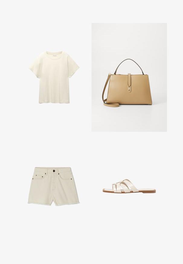 Svetlo bež kratkosleeven majica s okroglim ovratnikom, izdelana iz mehke, gladke tkanine. Ima sproščen kroj in raven rob.; Jeans kratke hlače v off-white barvi z raztrganim robom, petimi žepi in kovinskimi dodatki. Imajo klasičen pas in sproščen kroj.; Ravne sandale s svetlo rjavim gumijastim podplatom, zasnovane s tremi prekrivajočimi se belimi usnjenimi trakovi in majhnim lokom na sredini.; Tommy Hilfiger LIBRE SATCHEL - Torbica - safari