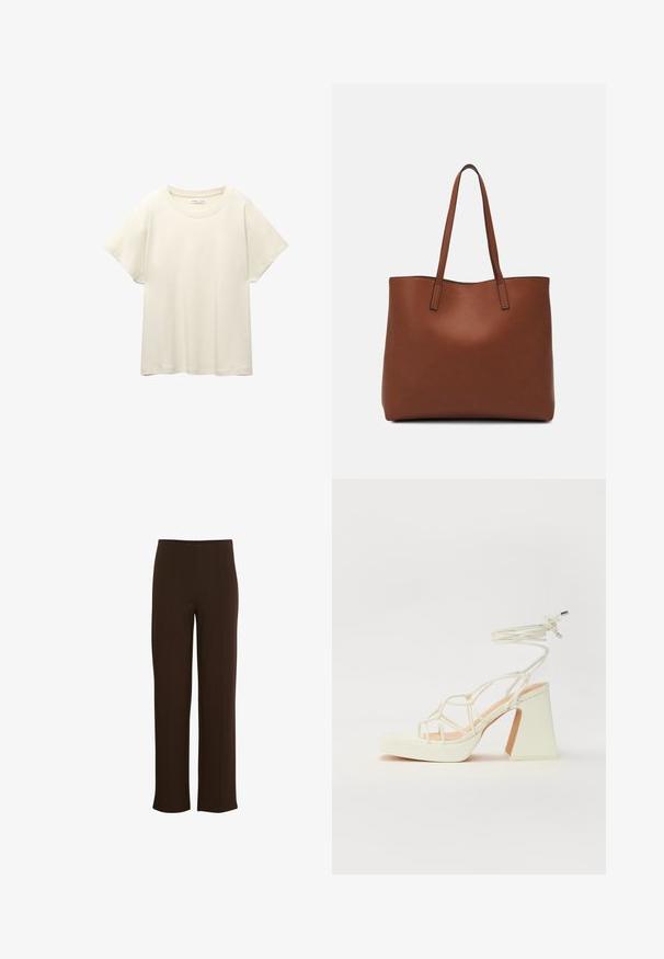 Light beige short-sleeve t-shirt with a round neckline, made of soft, smooth fabric. Features a relaxed fit and straight hemline.; Brown, wide-leg trousers made of a soft, stretchy material. Features vertical seams and a clean waistband for a tailored look.; White high-heeled sandal with a chunky heel, featuring a strappy design and ankle tie. Smooth texture with a platform front for added height.; Brown leather tote bag with a smooth texture, open top design, and two shoulder straps. Features minimal stitching and no visible hardware.