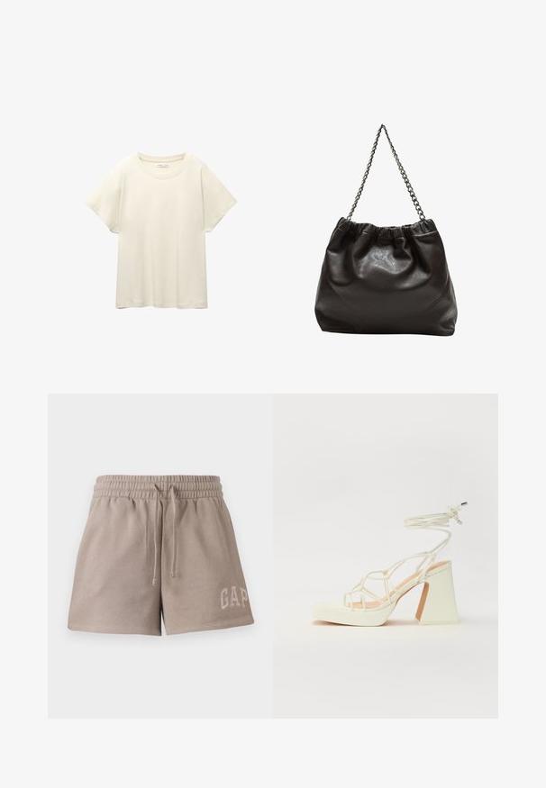 Svijetlo bež majica kratkih rukava s okruglim izrezom, izrađena od meke, glatke tkanine. Karakterizira je opušteni kroj i ravni rub.; Bež kratke hlače napravljene od mekog materijala, s elastičnom pasicom na kojoj se može regulirati i izvezenim logom "GAP" na donjem prednjem dijelu.; Bijela sandala na visokoj potpetici s debelim petom, s remenom i vezanjem oko gležnja. Glatka tekstura s platformom sprijeda za dodatnu visinu.; Smeđa kožna torba s naboranim vrhom i lančićem za nošenje. Glatka tekstura s sjajnim završetkom i suptilnim šavnim detaljima sa strane.