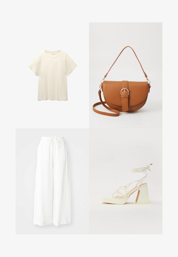 Svetlo béžové tričko s krátkym rukávom a okrúhlym výstrihom, vyrobené z jemnej, hladkej tkaniny. Má voľný strih a rovný lem.; Biele široké nohavice s textúrovanou tkaninou, obsahujúce elastický pás a šnúrku na sťahovanie. Neformálny dizajn s voľným strihom.; Biele sandále na vysokom opätku s hrubým podpätkom, s pruhovaným dizajnom a viazaním na členku. Hladký povrch s platformou vpredu pre zvýšenú výšku.; Hnedá kožená kabelka cez telo s zakriveným tvarom, zlatými kovovými doplnkami a akcentom s prackou. Obsahuje odnímateľný ramenný popruh.