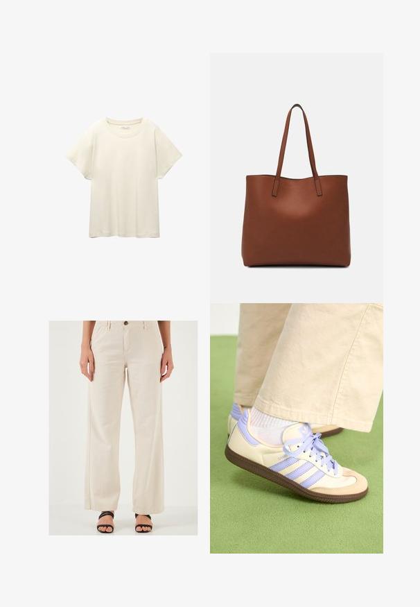 Lichtbeige t-shirt met korte mouwen en een ronde halslijn, gemaakt van zachte, gladde stof. Heeft een ontspannen pasvorm en een rechte zoom.; Beige wijde broek gemaakt van lichtgewicht stof, met een knoopsluiting, elastische tailleband en een gladde textuur. Gecombineerd met zwarte sandalen.; Crème- en lavendel-sneakers met drie strepen en een gestructureerde bruine zool, voorzien van veters en een gewatteerde hiel. Zachte stoffen bovenkant.; Bruine leren tote bag met een gladde textuur, een ontwerp met een open bovenkant en twee schouderbanden. Kenmerkt zich door minimale stiksels en geen zichtbare hardware.