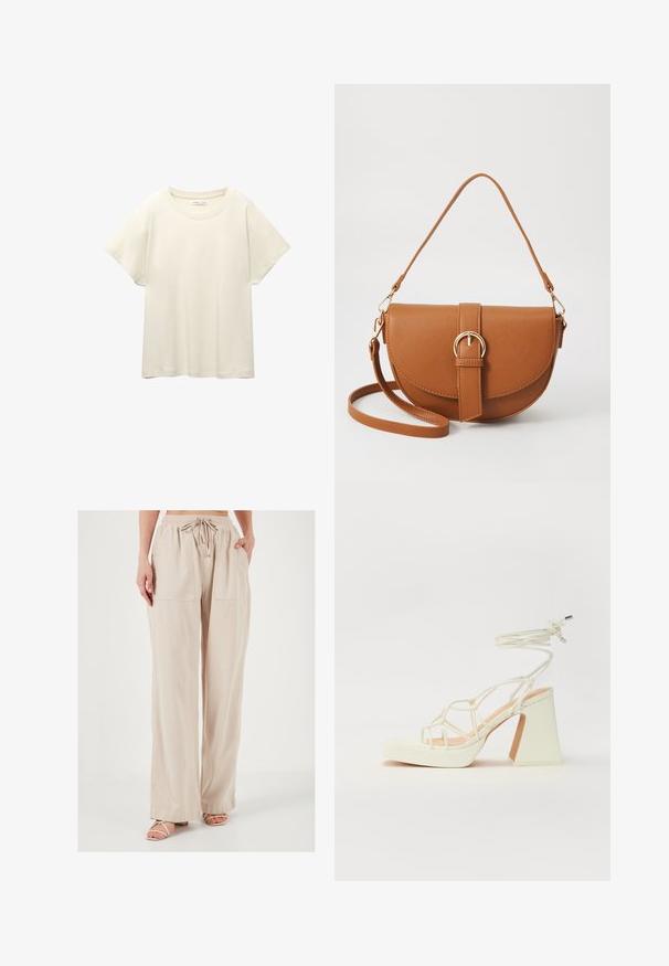 Svetlo bež kratkosleeven majica s okroglim ovratnikom, izdelana iz mehke, gladke tkanine. Ima sproščen kroj in raven rob.; Beige široke hlače iz lahkega materiala z elastičnim pasom in vrvico. Imajo dva velika sprednja žepa.; Bela sandala na visokih petah s debelim petam, ki ima obliko trakcev in vezanje okoli gležnja. Gladka tekstura z platformo spredaj za dodatno višino.; Rjava usnjena torbica prek telesa s ukrivljeno obliko, zlate opreme in sponko. Ima odstranljiv naramni trak.
