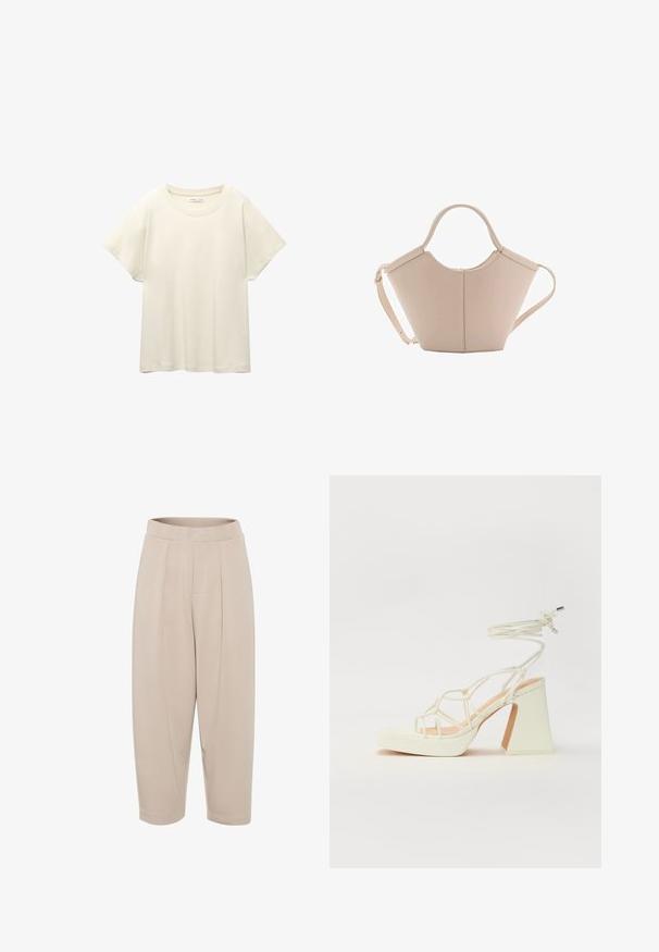 Svetlo béžové tričko s krátkym rukávom a okrúhlym výstrihom, vyrobené z jemnej, hladkej tkaniny. Má voľný strih a rovný lem.; Béžové, stredne dlhé nohavice vyrobené z mäkkej látky. Majú široký pás, predné záhyby a zúžené nohavice s manžetovými lemami.; Biele sandále na vysokom opätku s hrubým podpätkom, s pruhovaným dizajnom a viazaním na členku. Hladký povrch s platformou vpredu pre zvýšenú výšku.; Béžová kožená kabelka s unikátnym tvarom, vybavená dvoma krátkymi uchami a jedným dlhým nastaviteľným popruhom. Hladký povrch s minimálnym kovovým príslušenstvom.