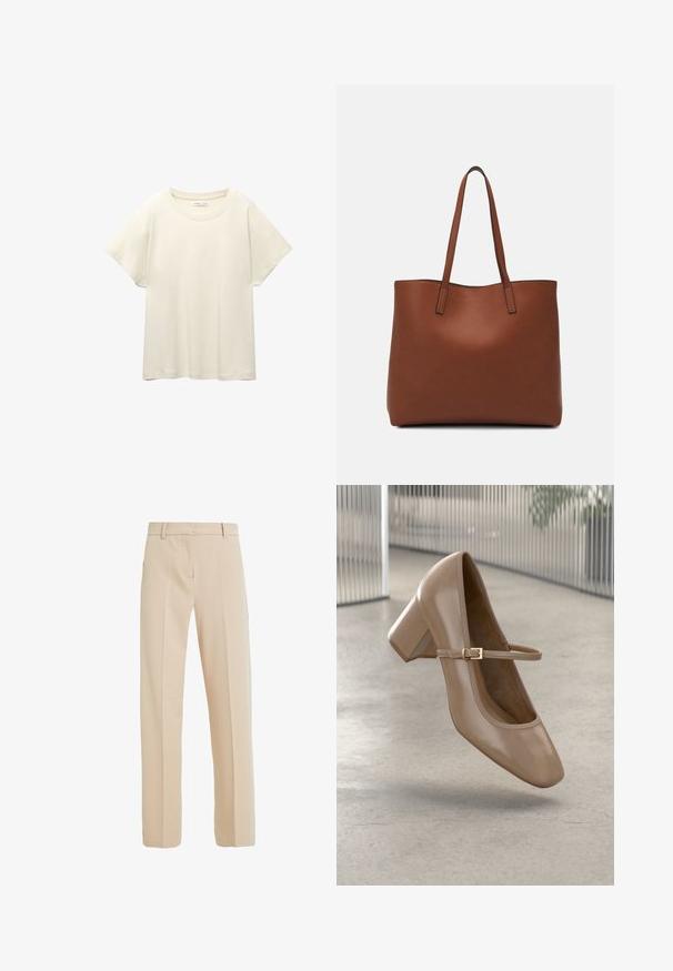Világos bézs, rövid ujjú póló, kerek nyakkivágással, puha, sima anyagból készült. Lazán illeszkedő szabással és egyenes szegéllyel rendelkezik.; Sima anyagból készült bézs stílusos nadrág, egyenes szárú fazonnal, oldalsó zsebekkel és a lábszár elején lévő gyűrődéssel.; Beige Mary Jane cipő tömbsarokkal és vékony pánttal, arany csattal, felfüggesztve sima, világosszürke padlón, modern belső térben.; Barna bőr vászontáska sima textúrával, nyitott tetejű dizájnnal és két vállpánttal. Minimális varrással és látható hardver nélkül készült.