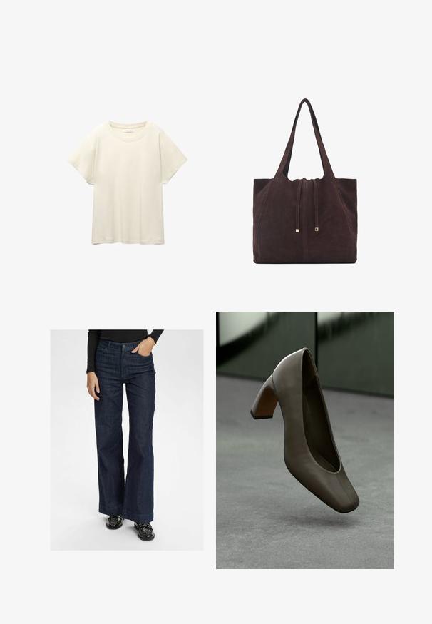 Svetle béžové tričko s krátkým rukávem a kulatým výstřihem, vyrobené z jemné, hladké tkaniny. Má uvolněný střih a rovný lem.; Tmavé denimové zvonové džíny s vysokým pasem, s předním zapínáním na knoflík a dvěma postranními kapsami. Hladký materiál a široký střih nohavic.; Tmavě olivově zelená kožená vysoká bota na podpatku se čtveratou špičkou a blokovým podpatkem, levitující nad šedou betonovou podlahou s rozmazaným zeleným pozadím.; Mango Velká kabelka - dark brown
