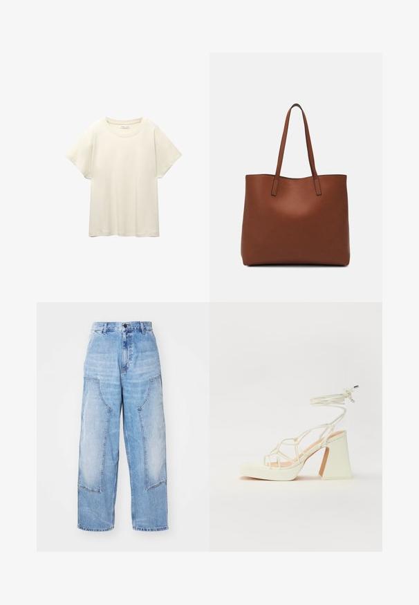 Lichtbeige t-shirt met korte mouwen en een ronde halslijn, gemaakt van zachte, gladde stof. Heeft een ontspannen pasvorm en een rechte zoom.; Lichtblauwe denim wijde broek met twee grote voorzakken, een knoopsluiting en subtiele vervaging. Gestikte accenten op de zakken voor details.; Witte hoge hakken sandaal met een chunky hak, met een bandjesontwerp en enkelband. Gladde textuur met een plateau voor extra hoogte.; Bruine leren tote bag met een gladde textuur, een ontwerp met een open bovenkant en twee schouderbanden. Kenmerkt zich door minimale stiksels en geen zichtbare hardware.