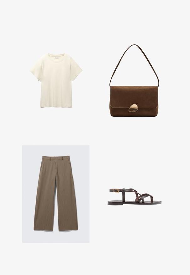 Maglietta a maniche corte beige chiaro con scollatura rotonda, realizzata in un tessuto morbido e liscio. Presenta una vestibilità comoda e un orlo dritto.; Pantaloni larghi a righe marroni con una texture liscia e un design classico, dotati di una vita e pieghe frontali per una vestibilità su misura.; Sandal in pelle marrone con cinturini incrociati, chiusura con cinturino alla caviglia e suola piatta con dettagli di cucitura minimi.; Borsa a spalla in suede marrone con chiusura curva in oro e tracolla singola, forma rettangolare con chiusura a pattina.