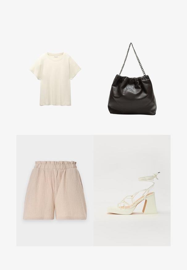 Jasno beżowa, krótko rękawowa koszulka z okrągłym dekoltem, wykonana z miękkiego, gładkiego materiału. Posiada luźny krój i prosty dół.; Jasbeżowe szorty o pofałdowanej fakturze i elastycznym pasku w talii. Projekt charakteryzuje się luźnym krojem oraz brakiem dodatkowych detali i wzorów.; Biała sandał na wysokim obcasie z masywnym słupkiem, z paskowym wzorem i wiązaniem przy kostce. Gładka faktura z platformą z przodu dla dodatkowej wysokości.; Brązowa skórzana torba z marszczonym szczytem i łańcuszkowym paskiem. Gładka tekstura z błyszczącym wykończeniem i subtelnymi detalami szwów po bokach.