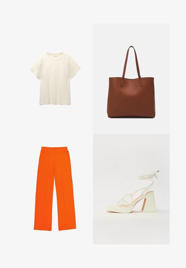 Lichtbeige t-shirt met korte mouwen en een ronde halslijn, gemaakt van zachte, gladde stof. Heeft een ontspannen pasvorm en een rechte zoom.; Oranje broek van een textuurstof, met een elastische tailleband, zijzakken en contrasterende stiksels langs de naden.; Witte hoge hakken sandaal met een chunky hak, met een bandjesontwerp en enkelband. Gladde textuur met een plateau voor extra hoogte.; Bruine leren tote bag met een gladde textuur, een ontwerp met een open bovenkant en twee schouderbanden. Kenmerkt zich door minimale stiksels en geen zichtbare hardware.