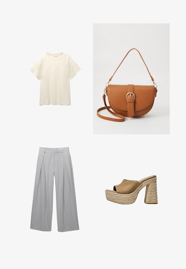 Lichtbeige t-shirt met korte mouwen en een ronde halslijn, gemaakt van zachte, gladde stof. Heeft een ontspannen pasvorm en een rechte zoom.; Lichtgrijze wijde broek, gemaakt van een gestructureerde stof, met voorplooien, riemlussen en een op maat gemaakte taille. Geen zichtbare sluitingen.; Bruine suède platform mules met een open teen, voorzien van een stevige gevlochten jute hak en een glad, rond ontwerp aan de bovenkant.; Bruine leren schoudertas met een gebogen vorm, gouden hardware en een gespaccent. Bevat een afneembare schouderriem.