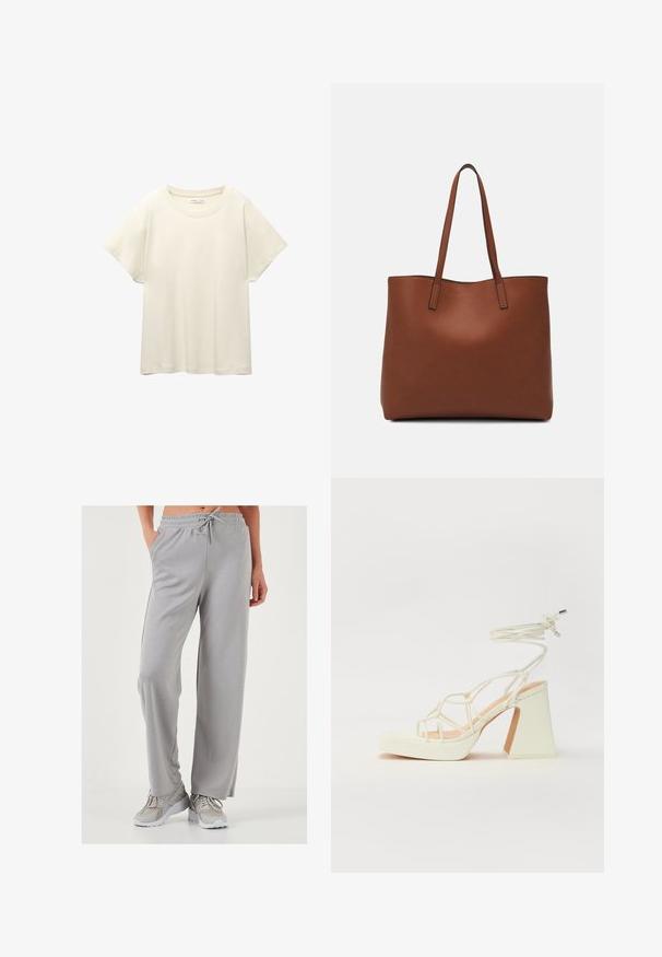 Lys beige kortærmet t-shirt med rund halsudskæring, lavet af blødt, glat stof. Har en afslappet pasform og lige forneden.; Lys grå, brede sweatpants i blødt og glat stof; har en elastisk talje med snor og sidelommer.; Hvide højhælede sandaler med en kraftig hæl, der har et stropdesign og ankelbinding. Glat tekstur med en platform foran for ekstra højde.; Brun læder tote taske med en glat overflade, åben topdesign og to skulderremme. Har minimal syning og ingen synlig hardware.