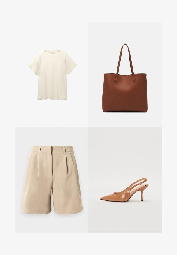 Svetlo bež kratkosleeven majica s okroglim ovratnikom, izdelana iz mehke, gladke tkanine. Ima sproščen kroj in raven rob.; Bež kratke hlače visoke pasice z zankami za pas, sprednjimi naborki in skritim sprednjim zapiranjem na belem ozadju.; Slinčaste pete z ostro konico v gladkem, sijočem bež materialu. Imajo ukrivljen rez in vitko stiletto peto. Podrobnost s srebrno zaponko.; Rjava usnjena torba z gladko teksturo, odprto zasnovo zgoraj in dvema naramnima trakovoma. Opremljena je z minimalnim šivanjem in brez vidnih kovinskih delov.