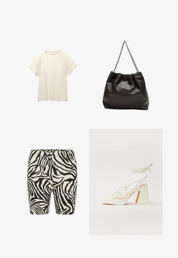 Vaaleanbeige lyhythihainen t-paita, jossa on pyöreä kaula-aukko, valmistettu pehmeästä ja sileästä kankaasta. Ominaisuuksina rento mitta ja suora helma.; Lyhyet leggingsit musta-valkoinen seepra kuosisella printillä, jotka ovat sileäpintaiset, joustava vyötärö ja lähellä vartaloa istuva muotoilu. Sopivat päivittäiseen käyttöön tai liikuntaan.; Valkoinen korkokenkä, jossa on paksu korko, ja joka sisältää nauhakiinnityksen ja nilkkaketjun. Sujuva pinta, jossa on platform-etupohja lisäkorkeutta varten.; Ruskea nahkainen laukku, jossa on kerätty yläosa ja ketjuhihna. Tasainen pinta, jossa kiiltävä viimeistely ja hienovaraiset sauman yksityiskohdat sivuilla.