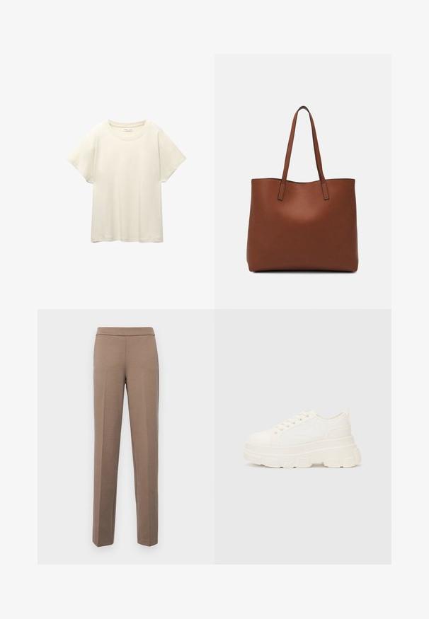 Svetlo béžové tričko s krátkym rukávom a okrúhlym výstrihom, vyrobené z jemnej, hladkej tkaniny. Má voľný strih a rovný lem.; Hnedé, priliehavé nohavice z hladkého, elastického materiálu. Rovné nohavice a plochý pás bez viditeľných doplnkov alebo vreciek.; Biele plátené tenisky s hrubou podrážkou, zaoblenou špičkou a piatimi očkami na šnúrky. Zadný popruh pre jednoduché obúvanie. Hladká textúra, minimalistický dizajn.; Hnedá kožená taška na rameno s hladkou textúrou, otvoreným vrchom a dvoma ramenými popruhmi. Má minimálne šitia a žiadne viditeľné kovania.