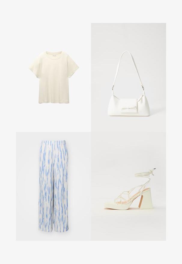 Lichtbeige t-shirt met korte mouwen en een ronde halslijn, gemaakt van zachte, gladde stof. Heeft een ontspannen pasvorm en een rechte zoom.; Lichte, wijde broeken van een witte stof met blauwe abstracte patronen. Voorzien van een elastische tailleband voor comfort en gemak bij het dragen.; Witte hoge hakken sandaal met een chunky hak, met een bandjesontwerp en enkelband. Gladde textuur met een plateau voor extra hoogte.; Witte synthetische handtas met een driehoekige vorm, platte voorklep en strikdetail, verstelbare schouderriem, gladde textuur en minimalistisch ontwerp.