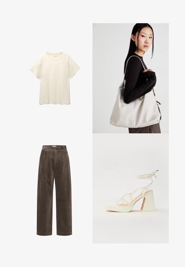 Világos bézs, rövid ujjú póló, kerek nyakkivágással, puha, sima anyagból készült. Lazán illeszkedő szabással és egyenes szegéllyel rendelkezik.; Barna kordbársony, bő szárú nadrág, plissékkel, puha textúrával és közép-magas derékkal. Az alja tiszta és egyenes kivitelű.; Fehér, magassarkú szandál vastag sarokkal, pántos dizájnnal és bokapánttal. Sima textúra, elülső platformmal a megnövelt magasság érdekében.; Puha anyagból készült bézs kézitáska, laza dizájnnal, varrott részletekkel és két vállpánttal. Mindennapi használatra alkalmas.