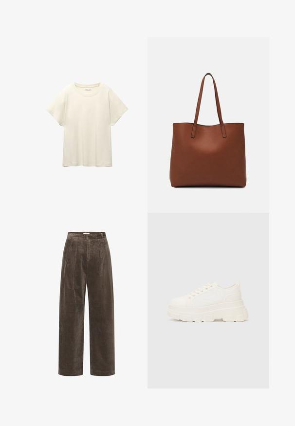 Tricou scurt de culoare bej deschis, cu mâneci scurte și decolteu rotund, realizat dintr-un material moale și neted. Are o croială lejeră și un tiv drept.; Pantaloni largi din catifea închisă, cu pliuri, având o textură moale și talie medie. Marginile tivurilor sunt curate și drepte.; Tenisi albi din pânză cu o talpă groasă, vârf rotund și cinci gauri pentru șireturi. Tab pentru ușurința la încălțare. Textură netedă, design minimalist.; Geantă de umăr din piele maro cu o textură netedă, design cu vârf deschis și două curele pentru umăr. Prezintă cusături minime și fără componente metalice vizibile.