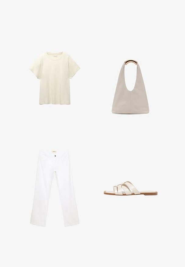 Ljus beige kortärmad t-shirt med rund halsringning, tillverkad av mjuk, slät tyg. Har en avslappnad passform och rak nederkant.; Vita bomull wide-leg jeans med knäppning och femfickdesign. Slät textur med sydda detaljer och rak silhuett.; Platta sandaler med en brun gummisula, designade med tre överlappande vita läderspännen och en liten rosett i mitten.; Ljusgrå läderväska med en U-formad design och ett böjt metallhandtag. Slät textur med minimal sömnad och inga synliga mönster.