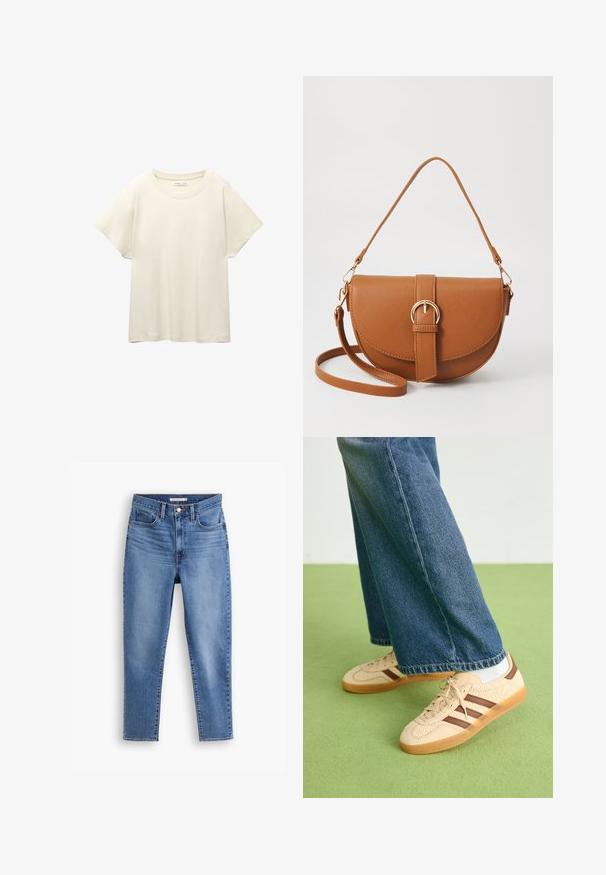 Lys beige kortærmet t-shirt med rund halsudskæring, lavet af blødt, glat stof. Har en afslappet pasform og lige forneden.; Blå højtaljede kvindejeans med frontknap og lynlåslukning, bæltestropper og fem-pockets design, flad på hvid baggrund.; Beige sneakers med teksturerede cremefarvede paneler og brune striber, parret med blå denim jeans. Jeansene har brede ben og en frynset kant.; Brun læder crossbody taske med en buet form, guldfarvet hardware og en spændeaccent. Har en aftagelig skulderrem.