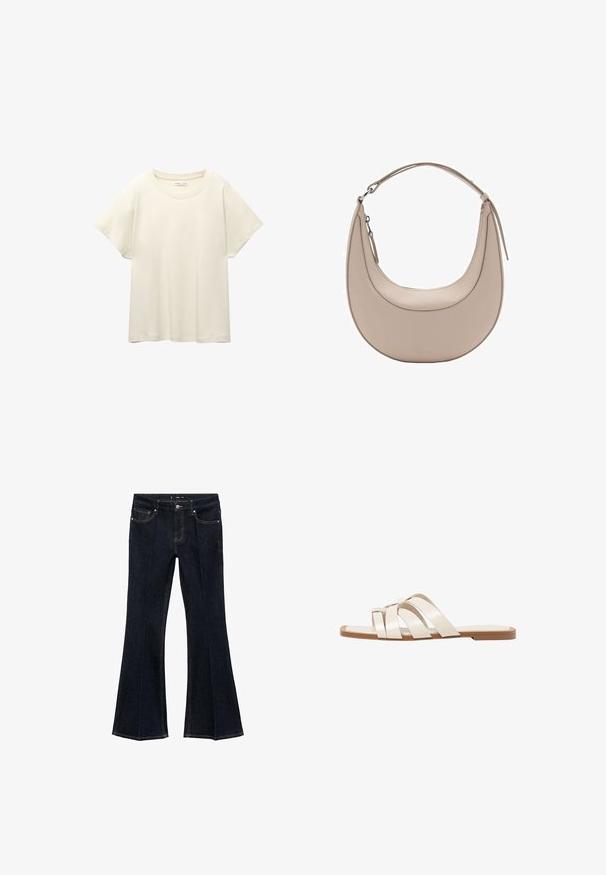 Light beige short-sleeve t-shirt with a round neckline, made of soft, smooth fabric. Features a relaxed fit and straight hemline.; Dark blue denim jeans with high waist, front pockets, and flared wide legs, displayed flat on a white background.; Flat sandals with a tan rubber sole, designed with three overlapping white leather straps and a small bow detail at the center.; Beige leather shoulder bag with a crescent shape, smooth texture, and a single curved handle. Features a zip closure and neat stitching.