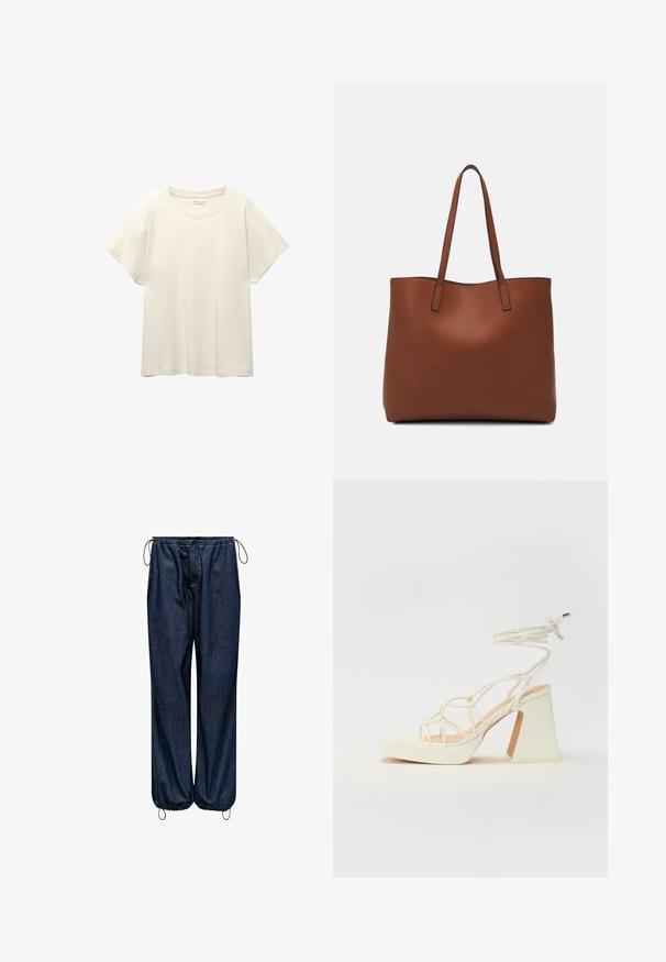 Svetlo bež kratkosleeven majica s okroglim ovratnikom, izdelana iz mehke, gladke tkanine. Ima sproščen kroj in raven rob.; Jeans v dark plavem, z elastičnim pasom, zunanjim vrvico, stranskimi žepi ter zoženim dnom z nastavljivimi vrvicami.; Bela sandala na visokih petah s debelim petam, ki ima obliko trakcev in vezanje okoli gležnja. Gladka tekstura z platformo spredaj za dodatno višino.; Rjava usnjena torba z gladko teksturo, odprto zasnovo zgoraj in dvema naramnima trakovoma. Opremljena je z minimalnim šivanjem in brez vidnih kovinskih delov.