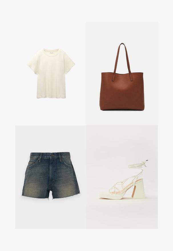 T-shirt beige clair à manches courtes avec un col rond, fabriqué en tissu doux et lisse. Présente une coupe décontractée et un ourlet droit.; Shorts en denim bleu foncé avec un lavage délavé. Ils possèdent une fermeture à bouton, cinq poches et un ourlet effiloché. Les bords bruts ajoutent de la texture.; Sandale blanche à talons hauts avec un talon épais, présentant un design à lanières et un lien autour de la cheville. Texture lisse avec une plateforme à l'avant pour une hauteur supplémentaire.; Sac fourre-tout en cuir marron avec une texture lisse, design à ouverture supérieure et deux poignées pour le porter à l'épaule. Présente des coutures minimales et aucun matériel visible.