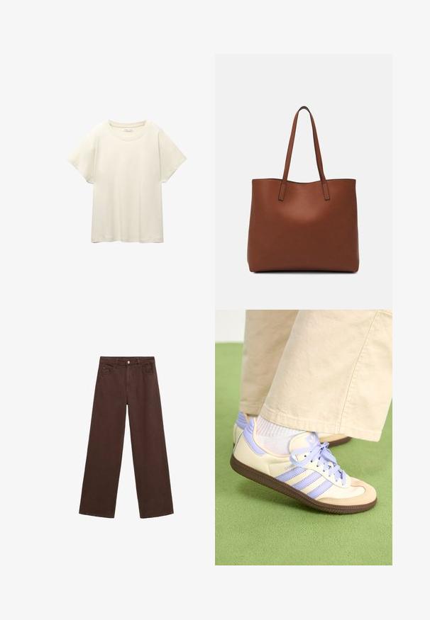 Svetle béžové tričko s krátkým rukávem a kulatým výstřihem, vyrobené z jemné, hladké tkaniny. Má uvolněný střih a rovný lem.; Hnědé kalhoty s širokými nohavicemi vyrobené z džínsoviny, se zapínáním na knoflík, poutky na opasek a předními kapsami. Hladká textura s rovnoměrným zbarvením.; Krémové a levandulové tenisky se třemi pruhy a texturovanou hnědou podrážkou, vybavené tkaničkami a polstrovanou patou. Měkký textilní svršek.; Hnědá kožená taška přes rameno s hladkou texturou, otevřeným designem a dvěma ramenními popruhy. Obsahuje minimální švy a žádné viditelné kovové prvky.
