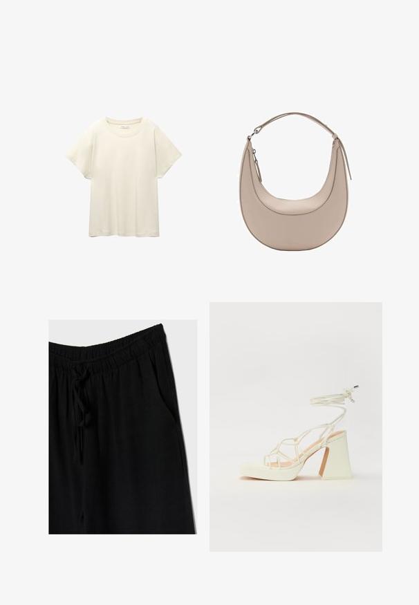 Lichtbeige t-shirt met korte mouwen en een ronde halslijn, gemaakt van zachte, gladde stof. Heeft een ontspannen pasvorm en een rechte zoom.; Zwarte broek met een elastische tailleband en trekkoord, met een losse fit en zijzakken. Het materiaal lijkt zacht en lichtgewicht te zijn.; Witte hoge hakken sandaal met een chunky hak, met een bandjesontwerp en enkelband. Gladde textuur met een plateau voor extra hoogte.; Beige leren schoudertas met een halve maanvorm, een soepele textuur en een enkele gebogen handgreep. Voorzien van een ritssluiting en nette stiksels.