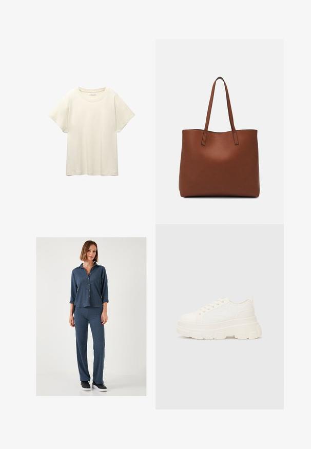 Tricou scurt de culoare bej deschis, cu mâneci scurte și decolteu rotund, realizat dintr-un material moale și neted. Are o croială lejeră și un tiv drept.; Compleu în două piese format dintr-o cămașă texturată, de culoare albastră închis, cu mânecile răsucite și pantaloni potriviți de aceeași nuanță. Adidași negri completează ținuta.; Tenisi albi din pânză cu o talpă groasă, vârf rotund și cinci gauri pentru șireturi. Tab pentru ușurința la încălțare. Textură netedă, design minimalist.; Geantă de umăr din piele maro cu o textură netedă, design cu vârf deschis și două curele pentru umăr. Prezintă cusături minime și fără componente metalice vizibile.