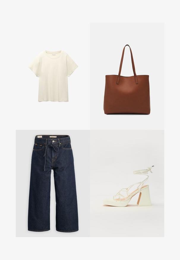 Svetlo bež kratkosleeven majica s okroglim ovratnikom, izdelana iz mehke, gladke tkanine. Ima sproščen kroj in raven rob.; Temno modri široki kavbojki z vrvico v pasu, sprednjimi žepi in kontrastnimi oranžnimi šivi.; Bela sandala na visokih petah s debelim petam, ki ima obliko trakcev in vezanje okoli gležnja. Gladka tekstura z platformo spredaj za dodatno višino.; Rjava usnjena torba z gladko teksturo, odprto zasnovo zgoraj in dvema naramnima trakovoma. Opremljena je z minimalnim šivanjem in brez vidnih kovinskih delov.